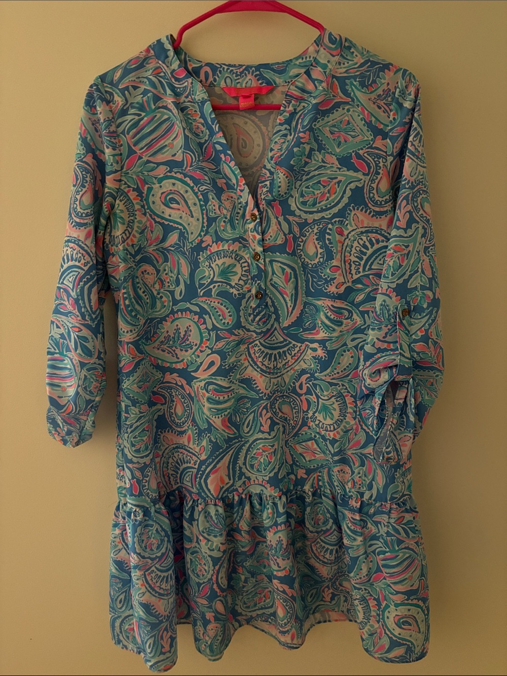 Women's Paisley Teal and Pink Tunic Drop Waist Dress Size Small